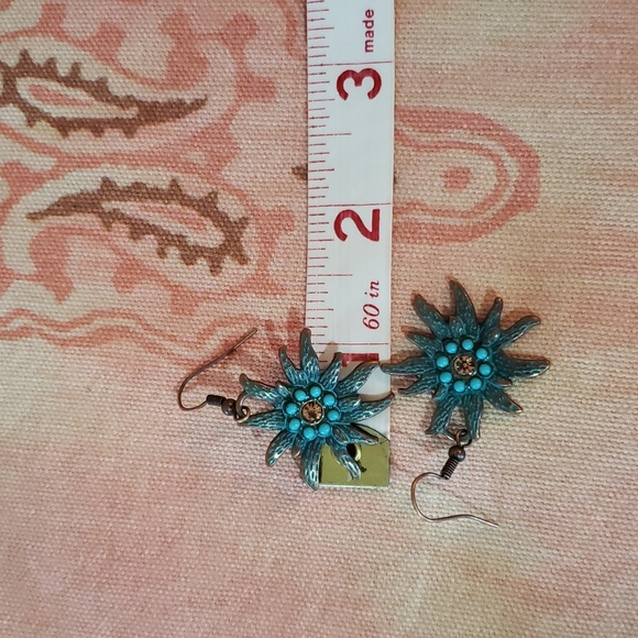 Turquoise Flower Earrings Sun Earrings Tarnish Boho Nature - Picture 8 of 9
